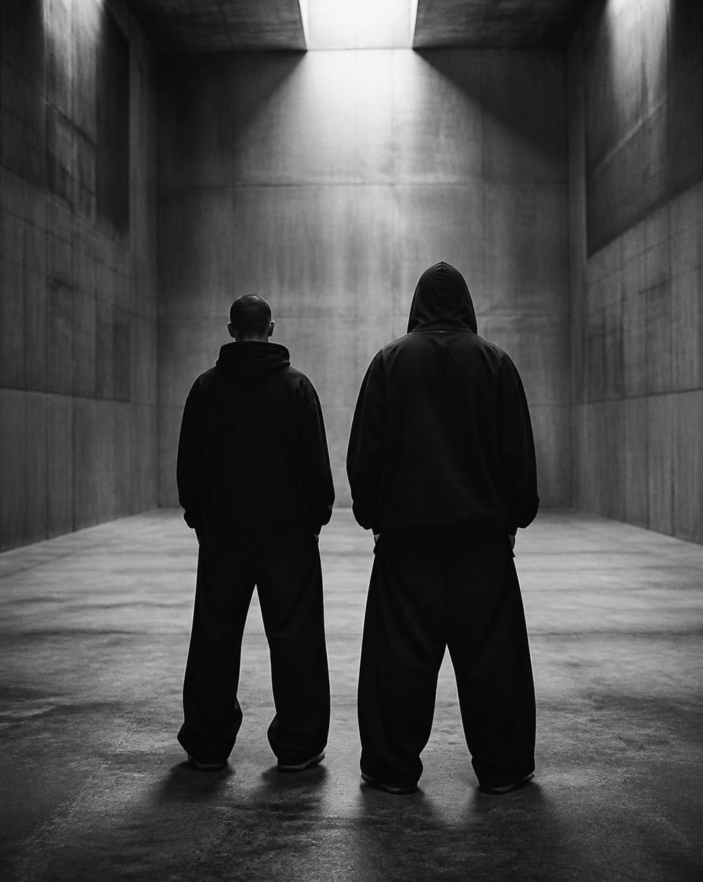 Two figures in oversized monochrome streetwear in a concrete hall